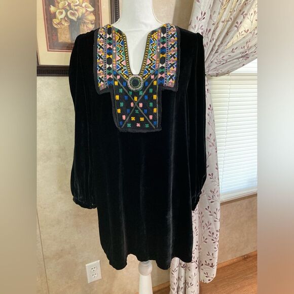 Zara Dress Womens Small Black Velvet Needle Point Bib Long Sleeve Mini Bohemian - Picture 2 of 10